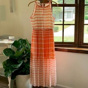Peach and White Halter Midi Length Dress w keyhole